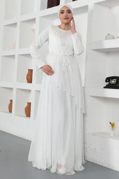 Boncuk Detaylı Tesettür Abiye Elbise 759-Beyaz