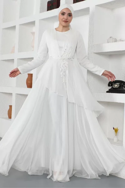 Boncuk Detaylı Tesettür Abiye Elbise 759-Beyaz