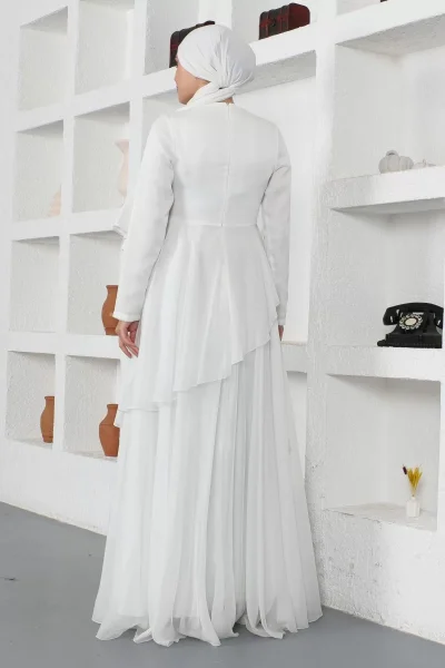 Boncuk Detaylı Tesettür Abiye Elbise 759-Beyaz
