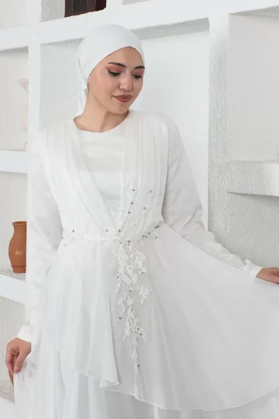 Boncuk Detaylı Tesettür Abiye Elbise 759-Beyaz