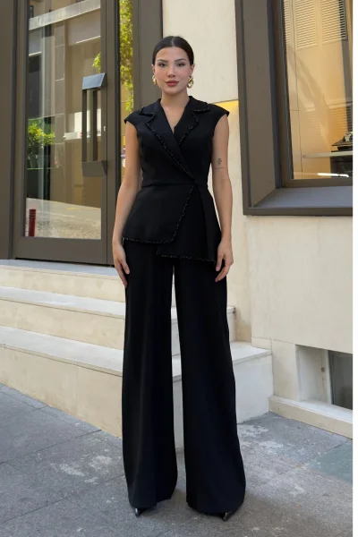 Boncuk İşleme Detaylı Asimetrik Abiye Takım 2388-Siyah