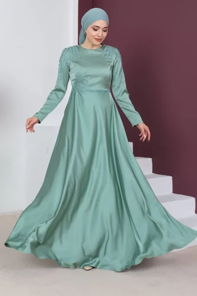 Boncuk İşleme Detaylı Saten Tesettür Abiye Elbise 732-Çağla