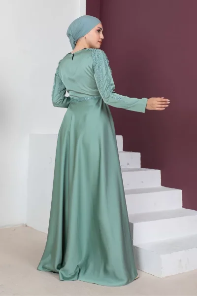 Boncuk İşleme Detaylı Saten Tesettür Abiye Elbise 732-Çağla