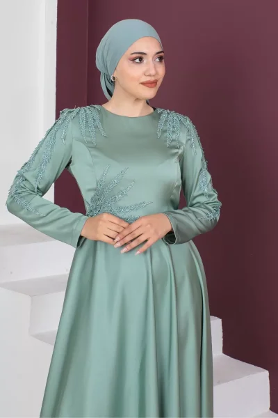 Boncuk İşleme Detaylı Saten Tesettür Abiye Elbise 732-Çağla