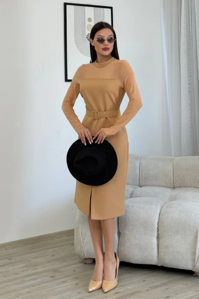 Boncuk İşlemeli Kemerli Abiye Elbise 6013-Camel