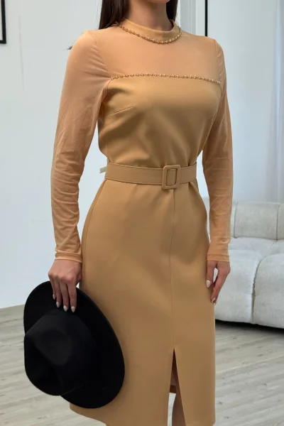 Boncuk İşlemeli Kemerli Abiye Elbise 6013-Camel