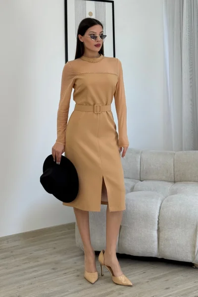 Boncuk İşlemeli Kemerli Abiye Elbise 6013-Camel