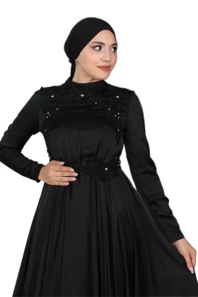 Boncuk İşlemeli Saten Tesettür Abiye Elbise 706-Siyah