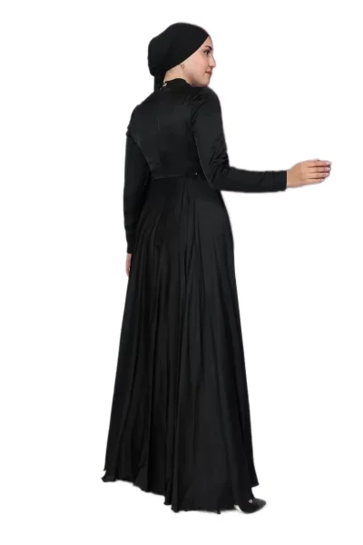 Boncuk İşlemeli Saten Tesettür Abiye Elbise 706-Siyah