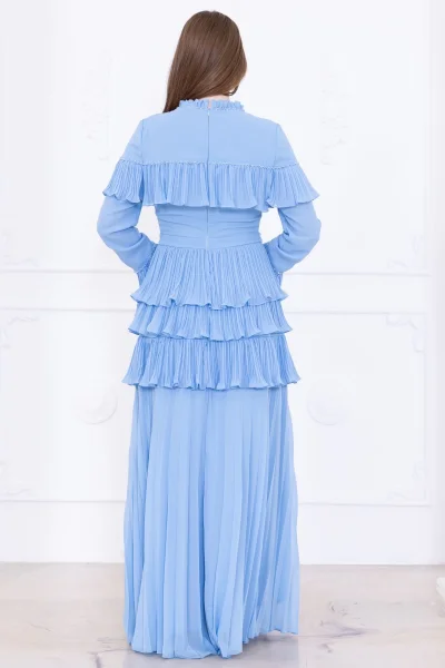 Boncuk İşlemeli ve Pliseli Kat Kat Abiye Elbise 2749-Bebe Mavisi