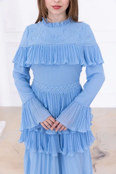 Boncuk İşlemeli ve Pliseli Kat Kat Abiye Elbise 2749-Bebe Mavisi