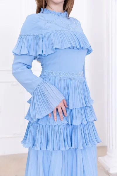 Boncuk İşlemeli ve Pliseli Kat Kat Abiye Elbise 2749-Bebe Mavisi