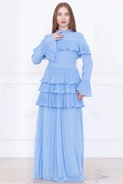 Boncuk İşlemeli ve Pliseli Kat Kat Abiye Elbise 2749-Bebe Mavisi