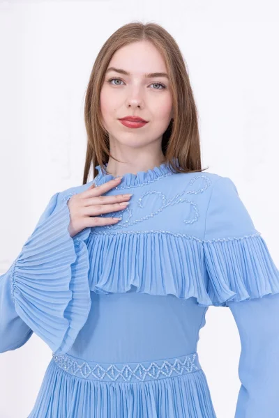 Boncuk İşlemeli ve Pliseli Kat Kat Abiye Elbise 2749-Bebe Mavisi