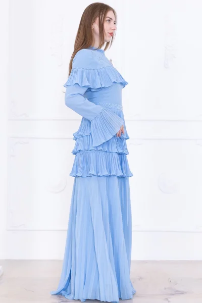 Boncuk İşlemeli ve Pliseli Kat Kat Abiye Elbise 2749-Bebe Mavisi