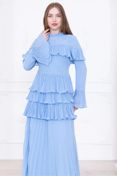 Boncuk İşlemeli ve Pliseli Kat Kat Abiye Elbise 2749-Bebe Mavisi