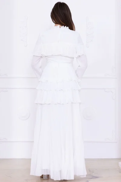 Boncuk İşlemeli ve Pliseli Kat Kat Abiye Elbise 2749-Beyaz