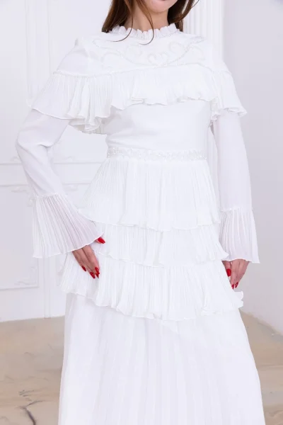 Boncuk İşlemeli ve Pliseli Kat Kat Abiye Elbise 2749-Beyaz