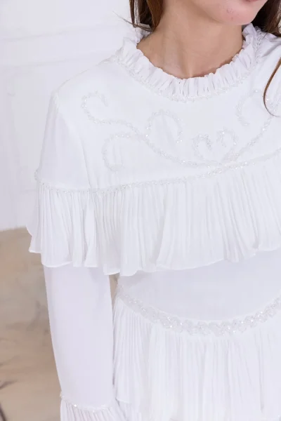 Boncuk İşlemeli ve Pliseli Kat Kat Abiye Elbise 2749-Beyaz