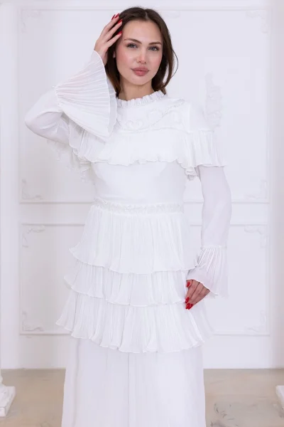 Boncuk İşlemeli ve Pliseli Kat Kat Abiye Elbise 2749-Beyaz