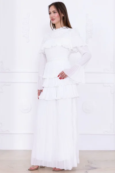Boncuk İşlemeli ve Pliseli Kat Kat Abiye Elbise 2749-Beyaz