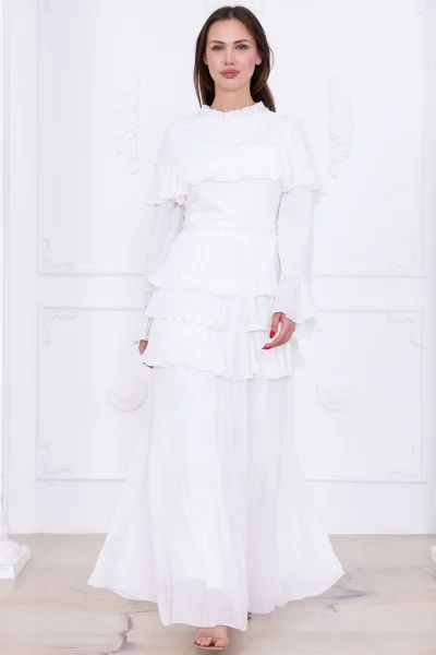 Boncuk İşlemeli ve Pliseli Kat Kat Abiye Elbise 2749-Beyaz