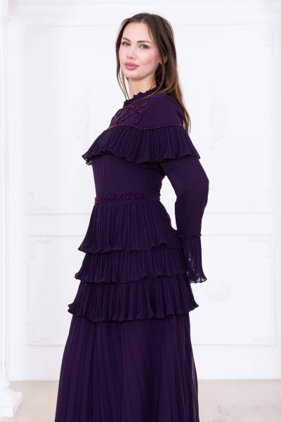 Boncuk İşlemeli ve Pliseli Kat Kat Abiye Elbise 2749-Mürdüm