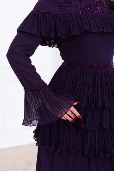 Boncuk İşlemeli ve Pliseli Kat Kat Abiye Elbise 2749-Mürdüm