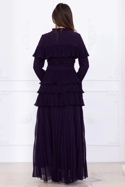 Boncuk İşlemeli ve Pliseli Kat Kat Abiye Elbise 2749-Mürdüm