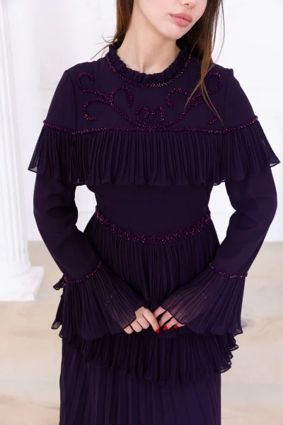 Boncuk İşlemeli ve Pliseli Kat Kat Abiye Elbise 2749-Mürdüm