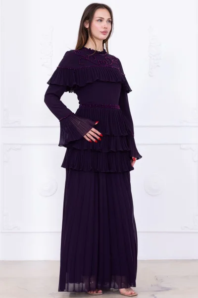 Boncuk İşlemeli ve Pliseli Kat Kat Abiye Elbise 2749-Mürdüm