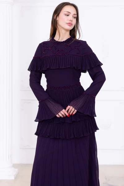 Boncuk İşlemeli ve Pliseli Kat Kat Abiye Elbise 2749-Mürdüm