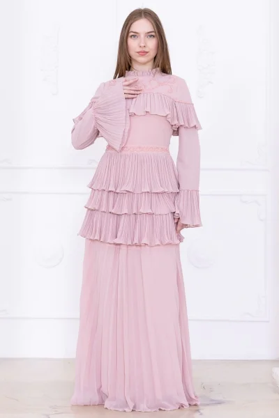 Boncuk İşlemeli ve Pliseli Kat Kat Abiye Elbise 2749-Pudra