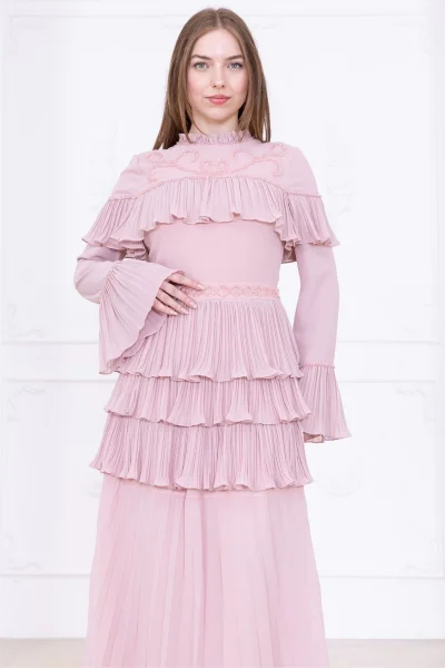 Boncuk İşlemeli ve Pliseli Kat Kat Abiye Elbise 2749-Pudra