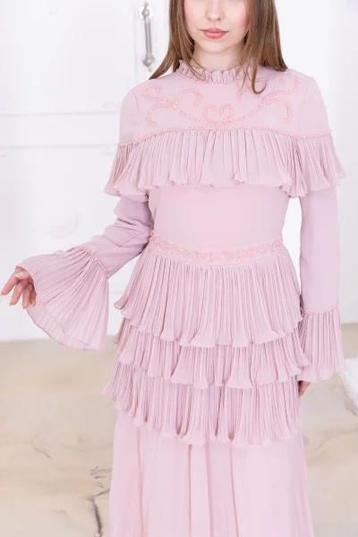 Boncuk İşlemeli ve Pliseli Kat Kat Abiye Elbise 2749-Pudra