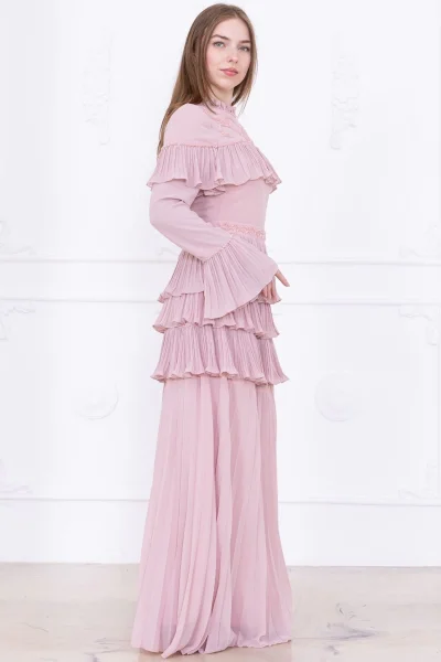 Boncuk İşlemeli ve Pliseli Kat Kat Abiye Elbise 2749-Pudra