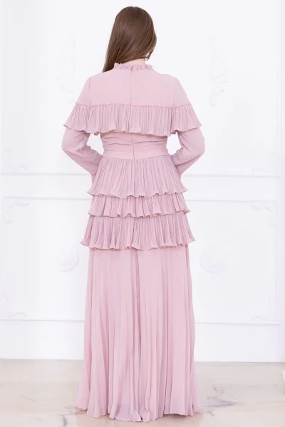 Boncuk İşlemeli ve Pliseli Kat Kat Abiye Elbise 2749-Pudra