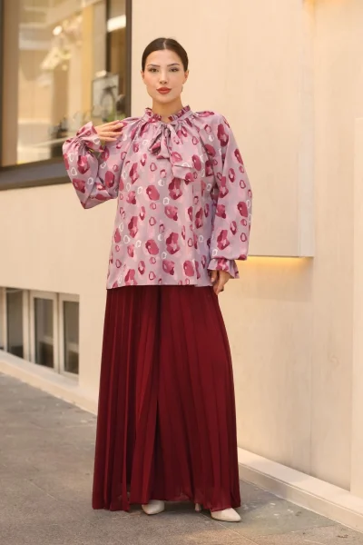 Bağlama Detaylı Büzgülü Bluz 6028-Lila/Bordo