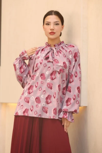 Bağlama Detaylı Büzgülü Bluz 6028-Lila/Bordo