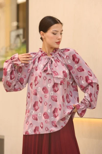 Bağlama Detaylı Büzgülü Bluz 6028-Lila/Bordo