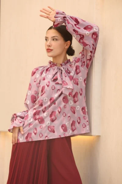 Bağlama Detaylı Büzgülü Bluz 6028-Lila/Bordo