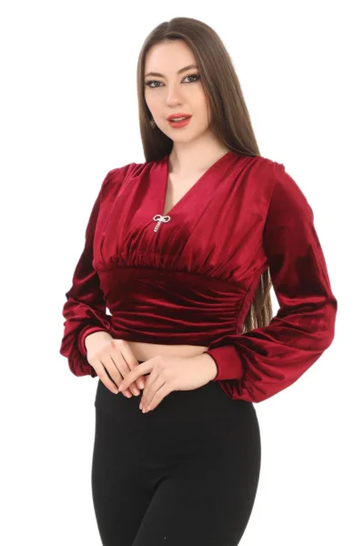 Broş Detaylı Kadife Crop 6007-Bordo