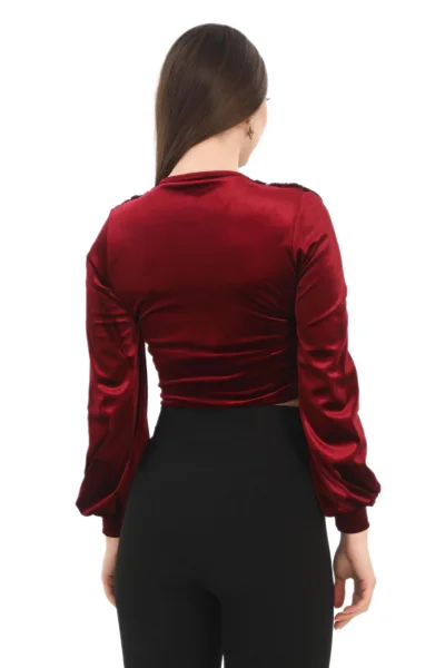Broş Detaylı Kadife Crop 6007-Bordo