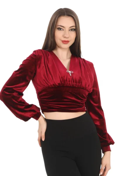 Broş Detaylı Kadife Crop 6007-Bordo