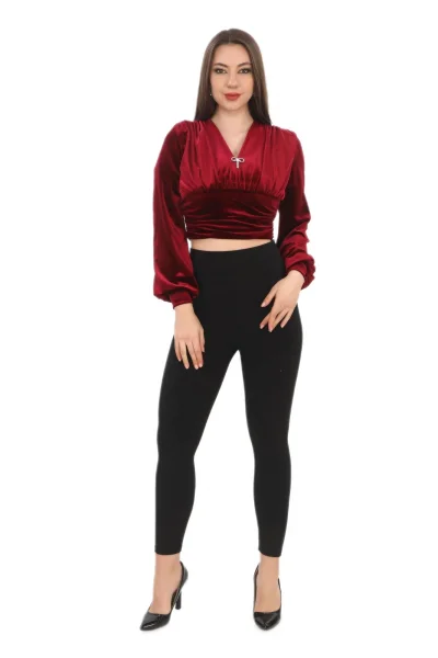 Broş Detaylı Kadife Crop 6007-Bordo