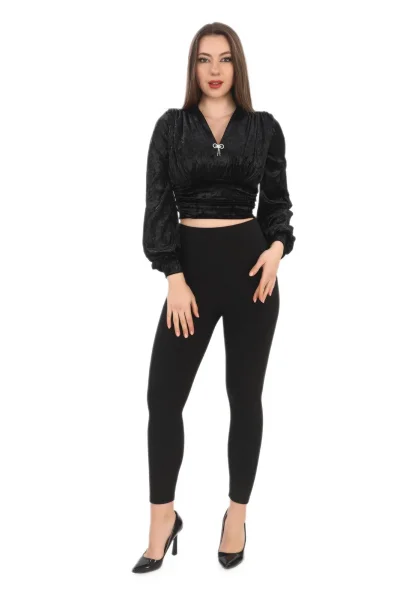 Broş Detaylı Kadife Crop 6007-Siyah