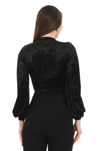 Broş Detaylı Kadife Crop 6007-Siyah