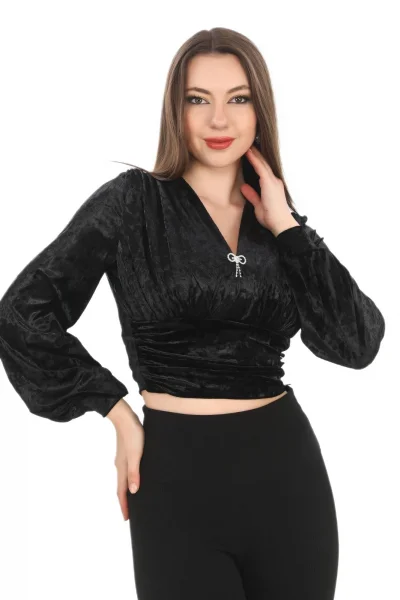 Broş Detaylı Kadife Crop 6007-Siyah