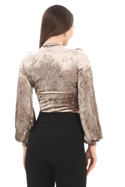 Broş Detaylı Kadife Crop 6007-Vizon