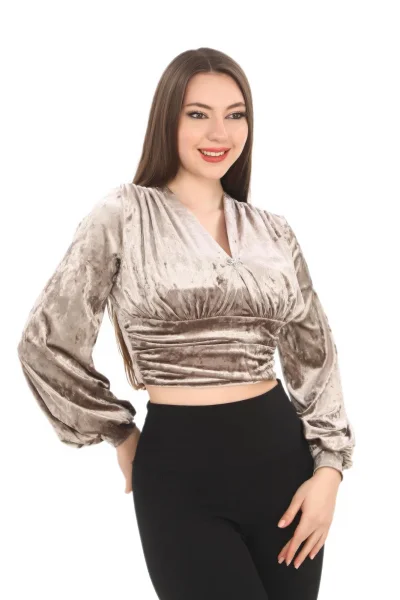 Broş Detaylı Kadife Crop 6007-Vizon